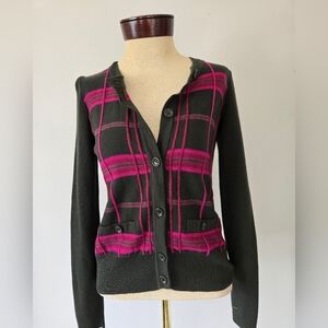 LUISA SPAGNOLI pink/ brownish black plaid 100% virgin wool sweater. Size small